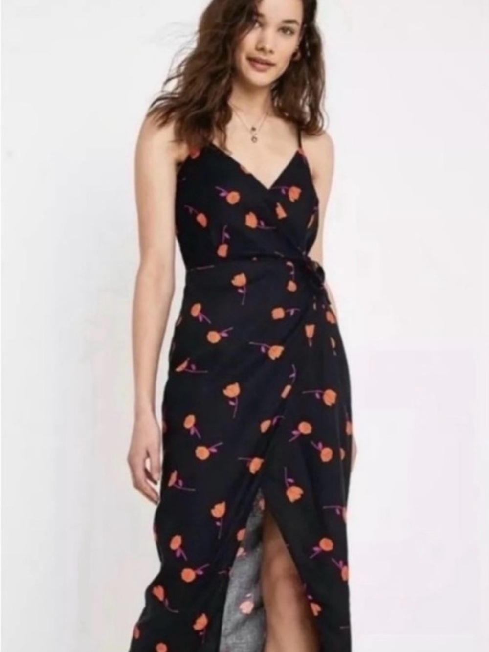 Urban Outfitters Quebec Linen Black Wrap Midi Dress with Orange Floral Print